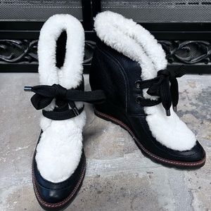 Fabianelli Black Leather Shearling Ankle Boots Lace Up Made in Italy SZ 8.5
